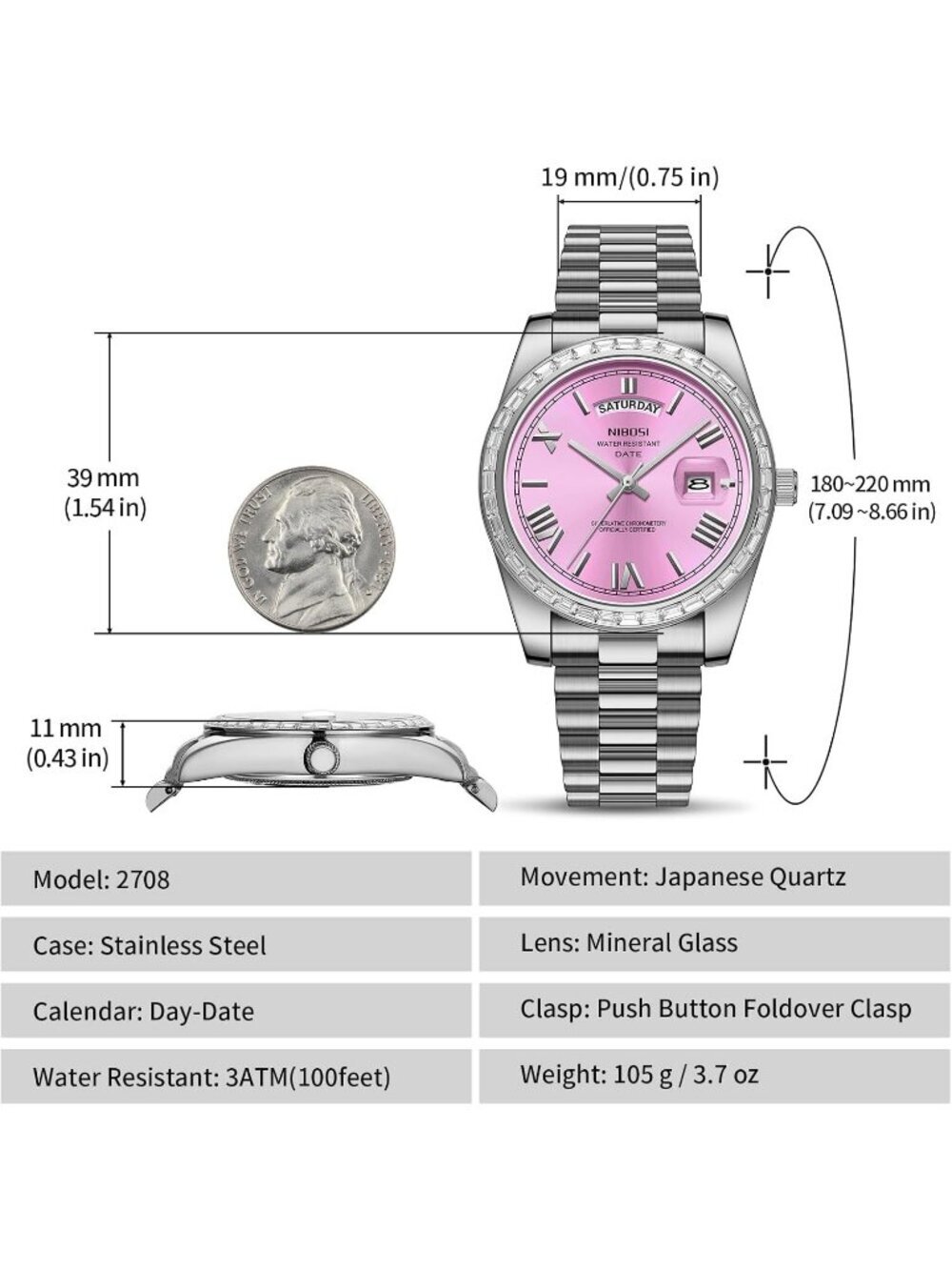 Nibosi Men's Silver Pink Analog Quartz Diamond Bezel Stainless Waterproof Watch - Picture 3 of 6